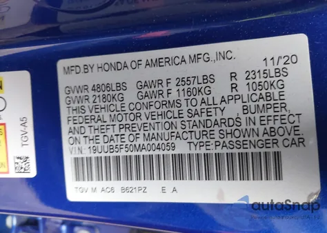 2021 Acura Tlx A-Spec Package из США, поврежденный, VIN 19UUB5F50MA004059